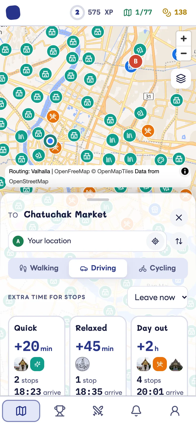 Giggles Maps planning a trip to Chatuchak Market: Quick +20 min, Relaxed +45 min and Day out +2 h, each with its stops