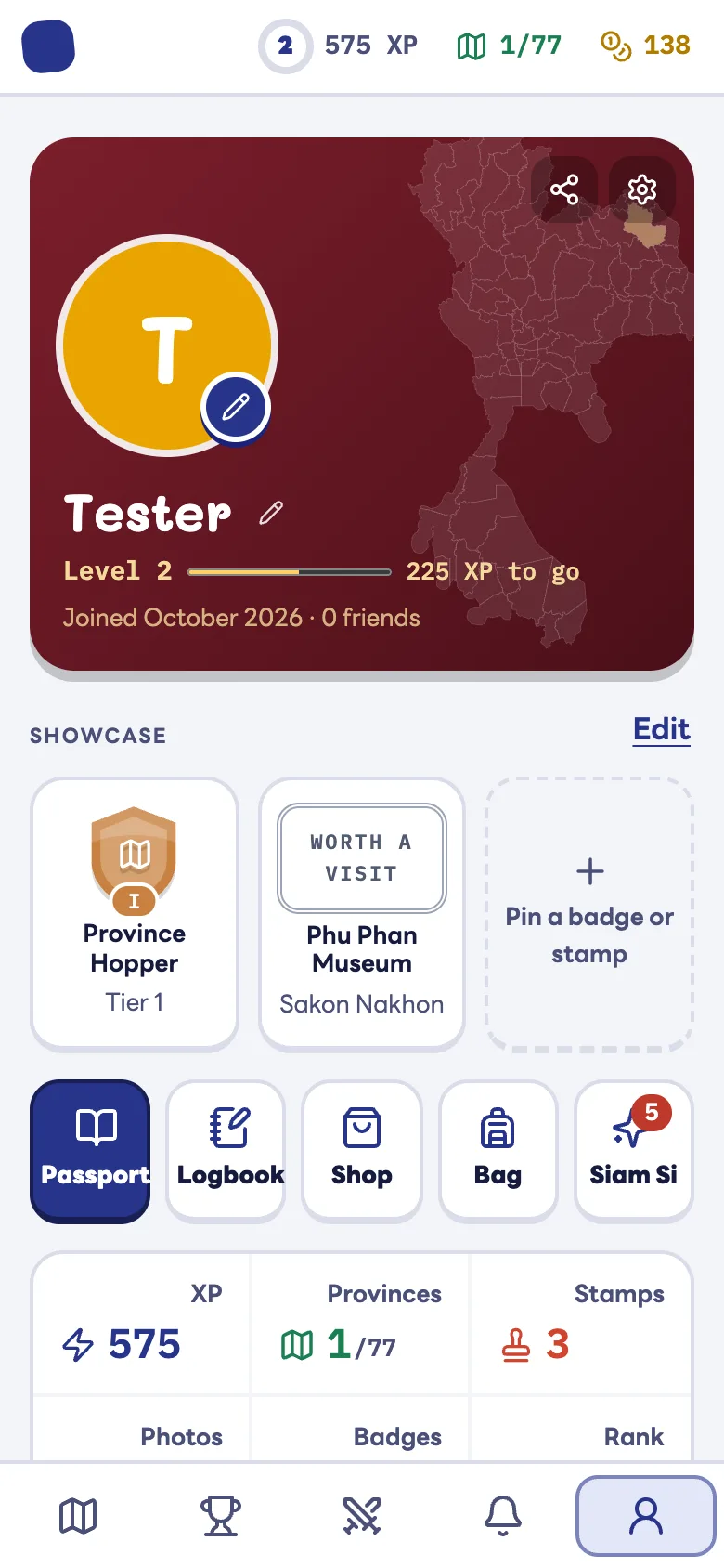 Profile with level, XP, provinces and stamps