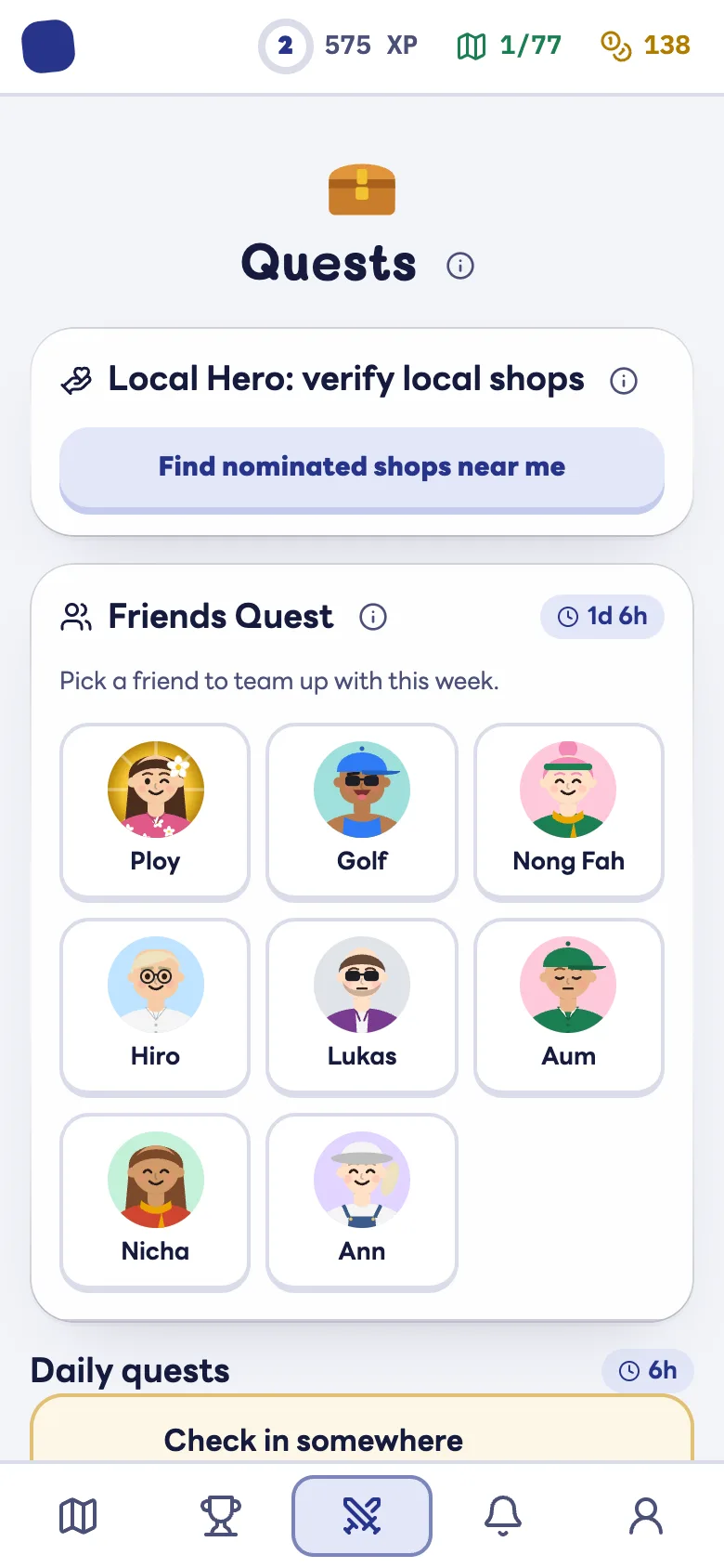 Quests page with daily and weekly quests